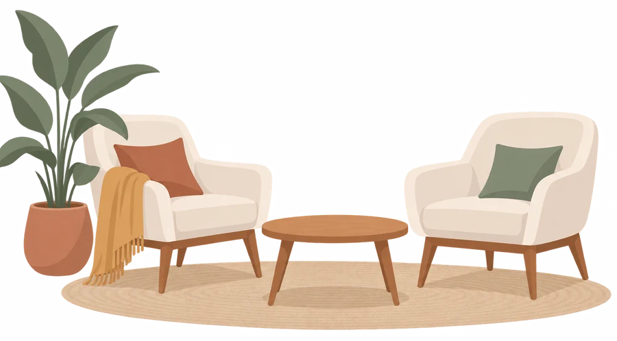 Two armchairs and a low table in a calm room